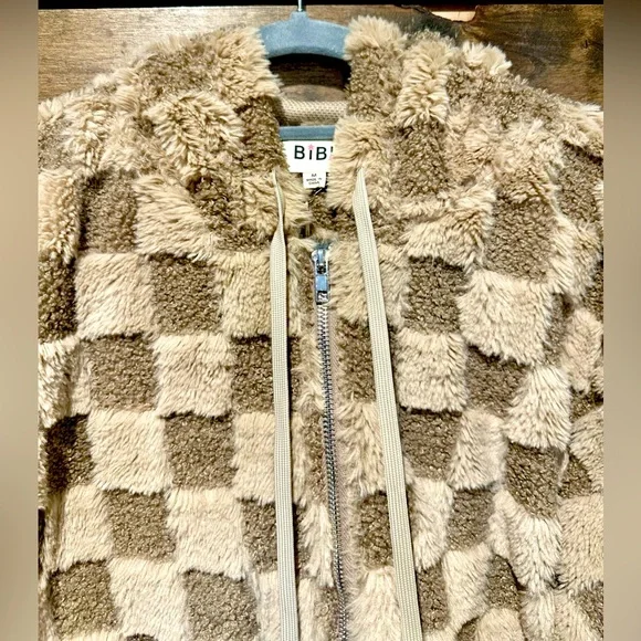 NWT BiBi Cozy Mocha Checkered Sherpa Hooded Jacket - Picture 14 of 16